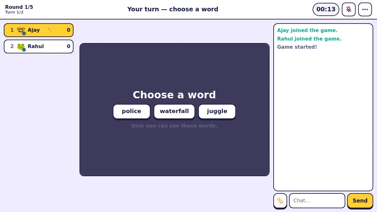 The word choice screen for the player who is drawing