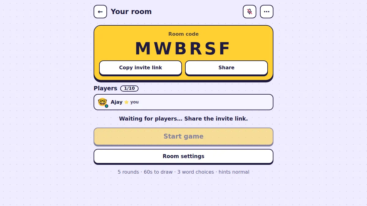 A private room showing a six-letter room code with Copy invite link and Share buttons